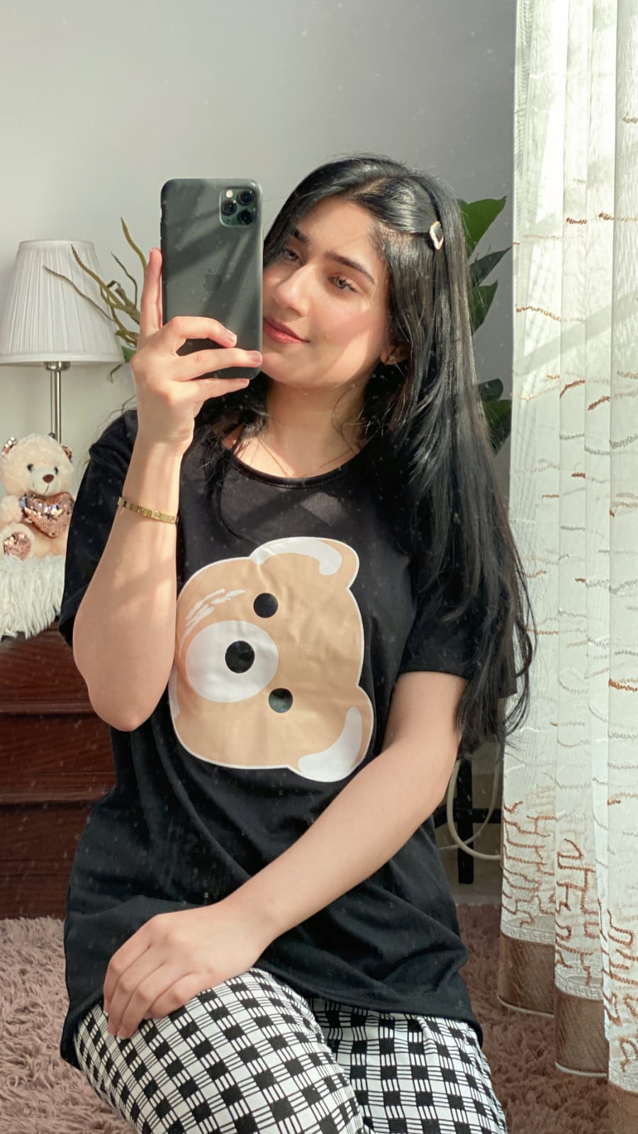 Black Bear Half Sleeves T-shirt With Check Printed Trouser Suit (AA-48)