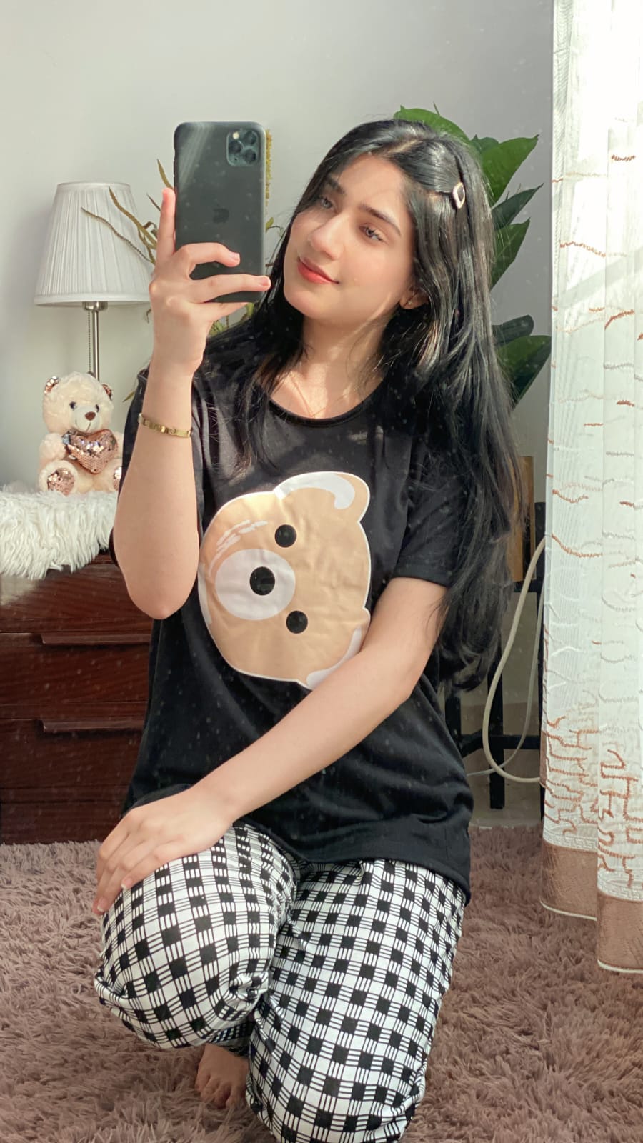 Black Bear Half Sleeves T-shirt With Check Printed Trouser Suit (AA-48)