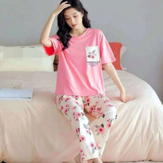 Pink Flower Pocket Print Half Sleeves T-shirt With Flowers Printed Trouser Suit (AA-194)