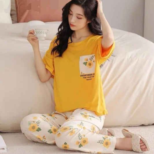 Yellow Flower Pocket Print Half Sleeves T-shirt With Flowers Printed Trouser Suit (AA-193)