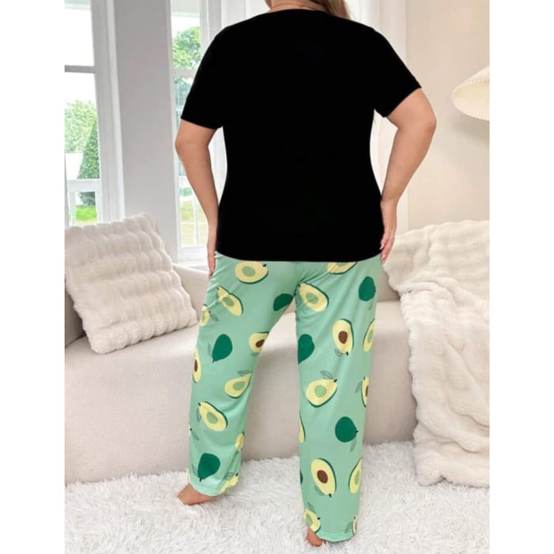 Black Avocado Print Half Sleeves T-shirt With green Avacado Print Pajama Suit (AA-218)