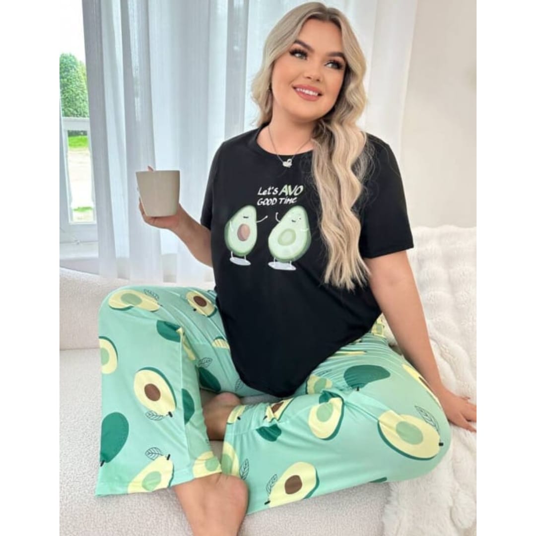 Black Avocado Print Half Sleeves T-shirt With green Avacado Print Pajama Suit (AA-218)