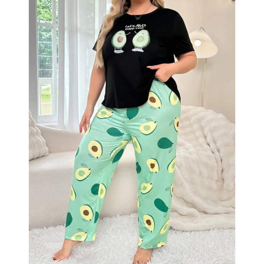 Black Avocado Print Half Sleeves T-shirt With green Avacado Print Pajama Suit (AA-218)