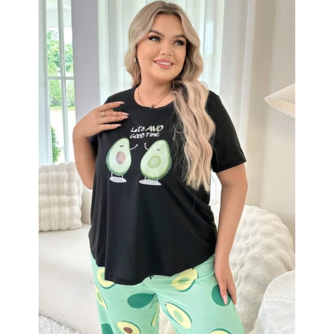 Black Avocado Print Half Sleeves T-shirt With green Avacado Print Pajama Suit (AA-218)