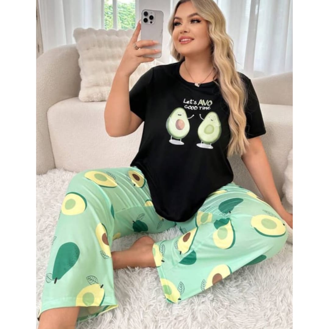 Black Avocado Print Half Sleeves T-shirt With green Avacado Print Pajama Suit (AA-218)