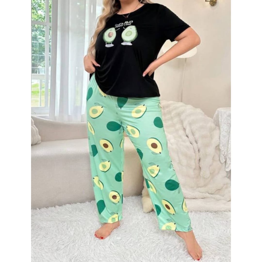 Black Avocado Print Half Sleeves T-shirt With green Avacado Print Pajama Suit (AA-218)