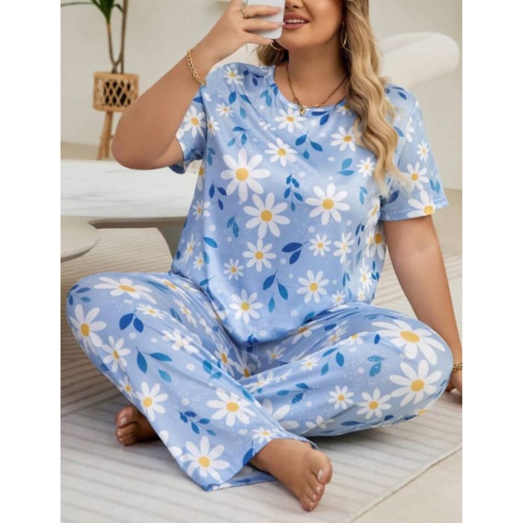 Blue Flowers Print Half Sleeves T-shirt With Flowers Print Pajama Suit (AA-219)