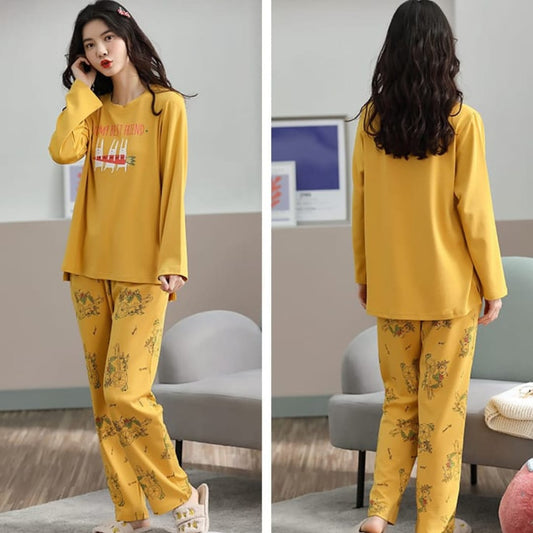 Yellow Bestfriend Print Full Sleeves T-shirt With Printed Pajama Suit (AA-222)