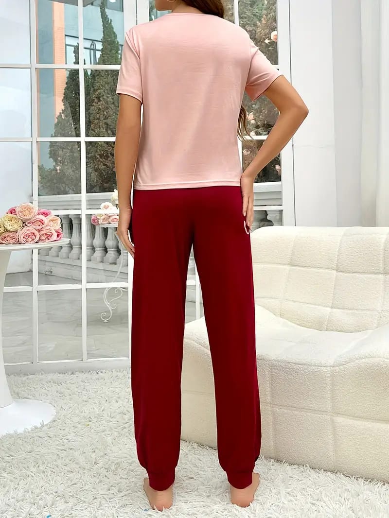 Pink Sleep Print half Sleeves T-shirt With Sleep Print Pajama Suit (AA-223)