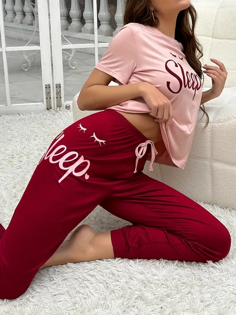 Pink Sleep Print half Sleeves T-shirt With Sleep Print Pajama Suit (AA-223)