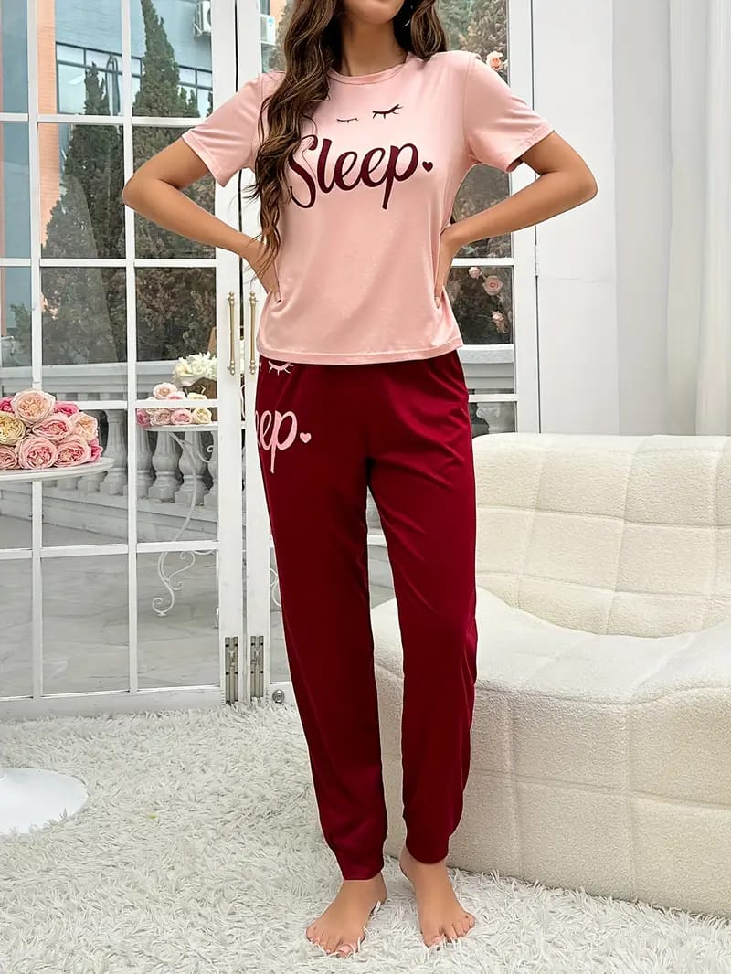 Pink Sleep Print half Sleeves T-shirt With Sleep Print Pajama Suit (AA-223)