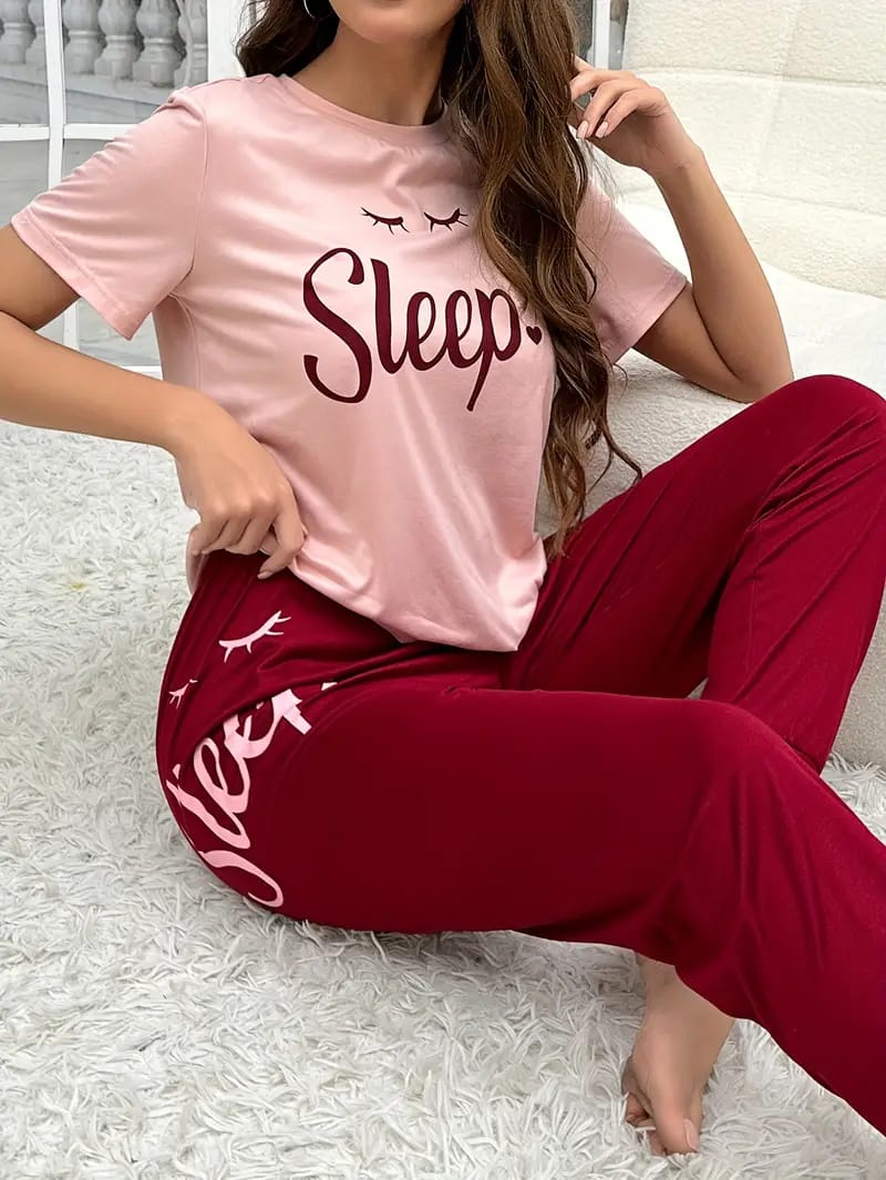 Pink Sleep Print half Sleeves T-shirt With Sleep Print Pajama Suit (AA-223)