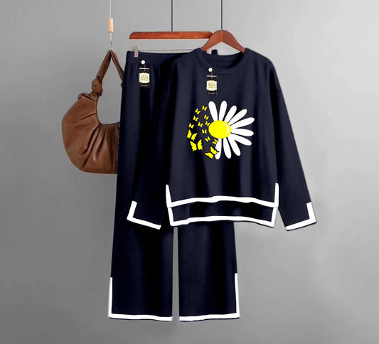 Sun Flower Printed Turkish Winter Co-Ord Set for Women - Warm & Stylish Loungewear Light navy