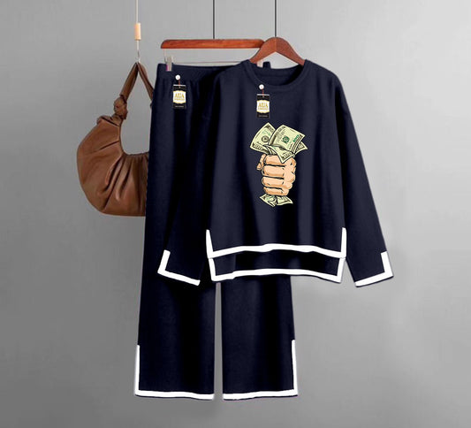 Dollar Hand Printed Turkish Winter Co-Ord Set for Women - Warm & Stylish Loungewear Light Navy