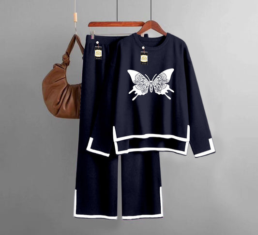 Butterfly Printed Turkish Winter Co-Ord Set for Women - Warm & Stylish Loungewear Light Navy