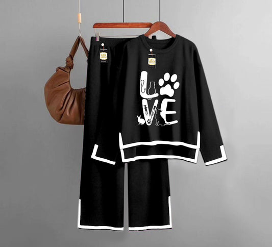 Love Printed Turkish Winter Co-Ord Set for Women - Warm & Stylish Loungewear Black