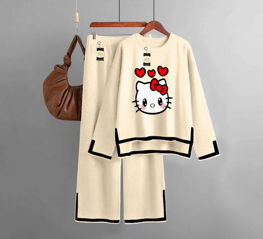Kitty Printed Turkish Winter Co-Ord Set for Women - Warm & Stylish Loungewear Beige