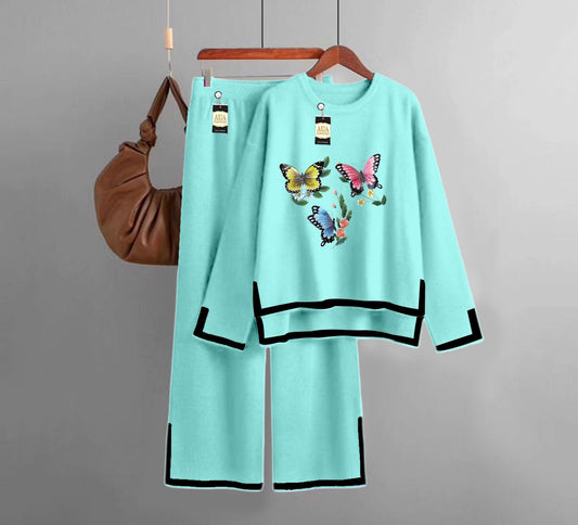 Multi Butterfly Printed Turkish Winter Co-Ord Set for Women - Warm & Stylish Loungewear Sky Blue