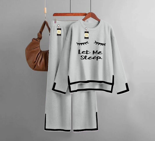 Let Me Sleep Printed Turkish Winter Co-Ord Set for Women - Warm & Stylish Loungewear Light Grey