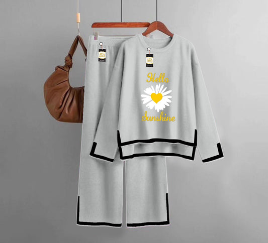 Sun Flower Printed Turkish Winter Co-Ord Set for Women - Warm & Stylish Loungewear Light Grey