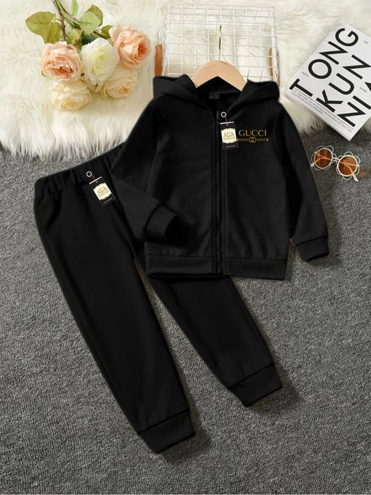 Gucci Printed Stylish Black & Red Kids' Tracksuit Set with Zipper Hoodie and Trousers (1-10 Years)"