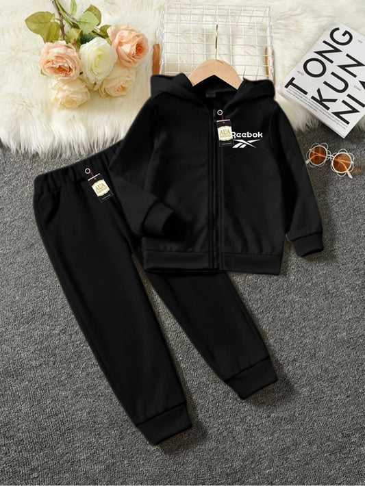 Reebok Printed Stylish Black Kids' Tracksuit Set with Zipper Hoodie and Trousers (1-10 Years)"