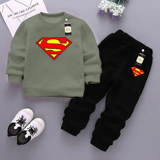 Light Green and Black (Superman) Printed Kids Tracksuit for Winter