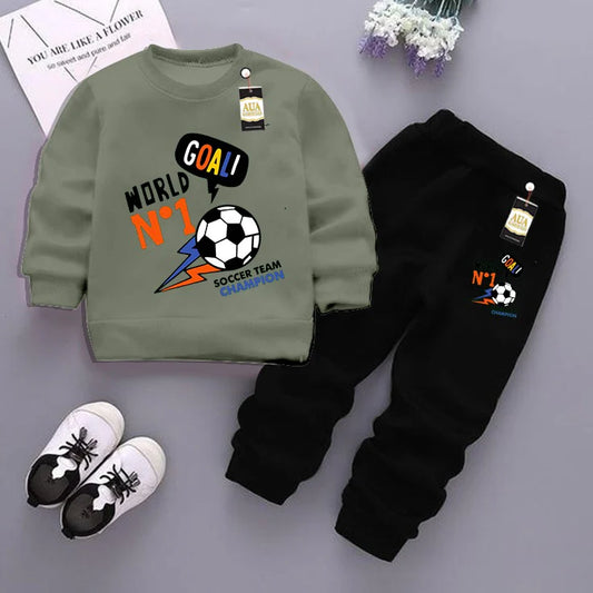 Light Green and Black (Goal No 1 ) Printed Kids Tracksuit for Winter