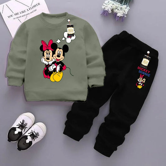Light Green and Black (mickey mouse) Printed Kids Tracksuit for Winter