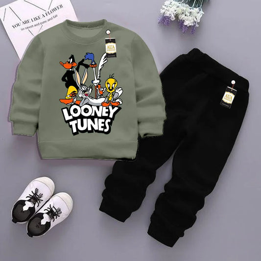 Light Green and Black (Looney Tunes ) Printed Kids Tracksuit for Winter