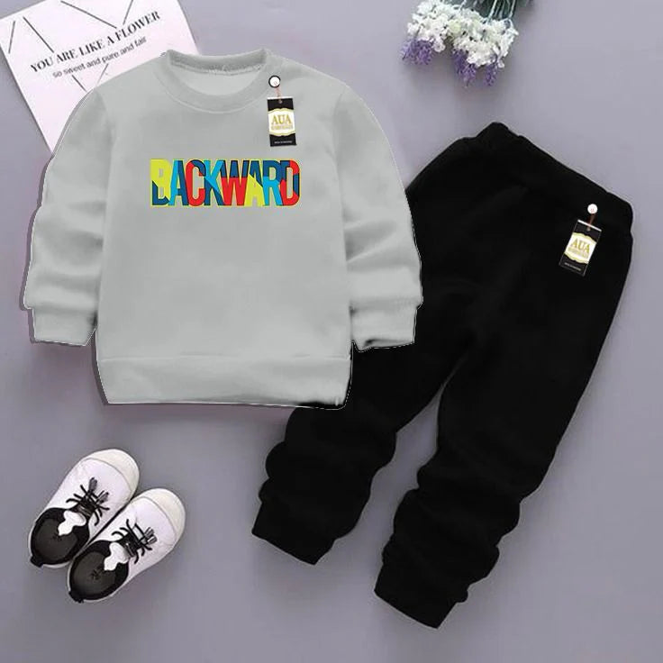 grey and Black (backward ) Printed Kids Tracksuit for Winter