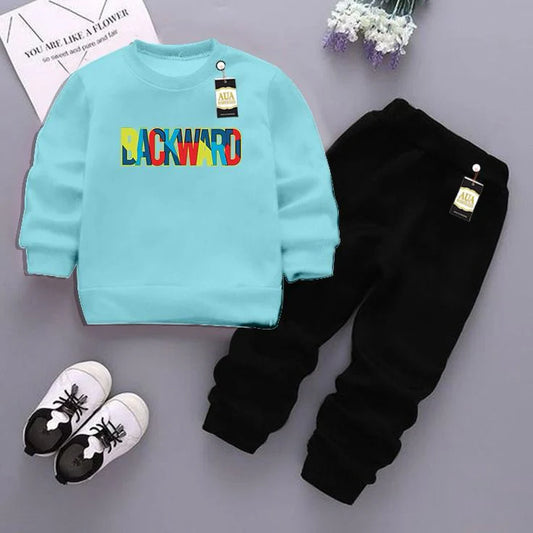 Sky Blue and Black (Backward) Printed Kids Tracksuit for Winter