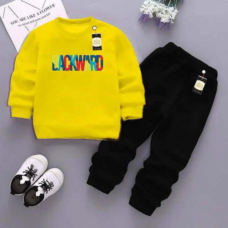 Yellow and Black (Backward) Printed Kids Tracksuit for Winter
