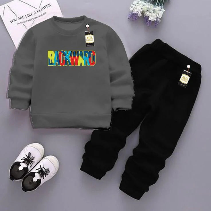 Dark Grey and Black (Backward) Printed Kids Tracksuit for Winter