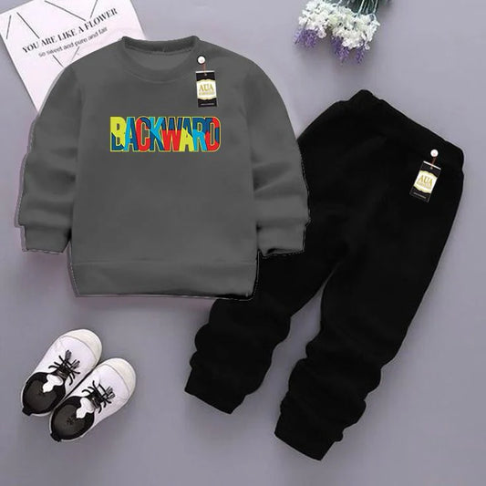 Dark Grey and Black (Backward) Printed Kids Tracksuit for Winter