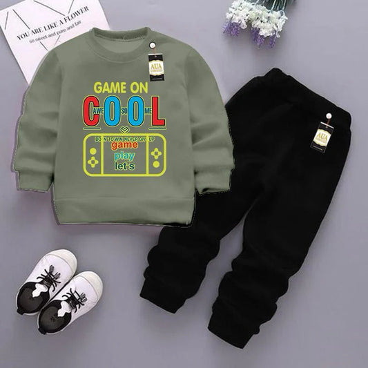 Light Green and Black (cool) Printed Kids Tracksuit for Winter
