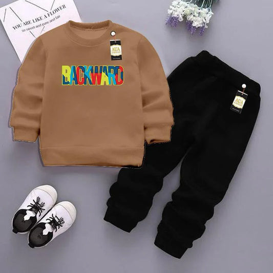 Beige and Black (Backward) Printed Kids Tracksuit for Winter