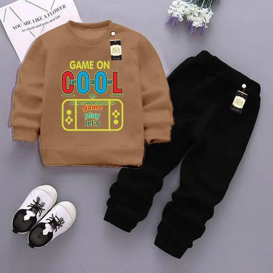 Beige and Black (Cool) Printed Kids Tracksuit for Winter