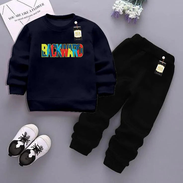 Navy Blue and Black (Backward) Printed Kids Tracksuit for Winter