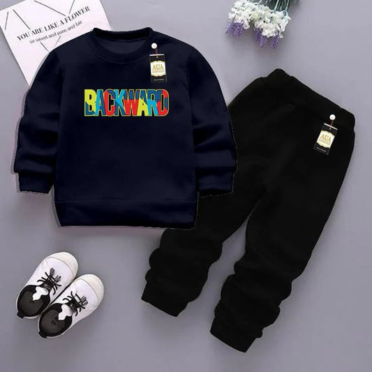 Navy Blue and Black (Backward) Printed Kids Tracksuit for Winter