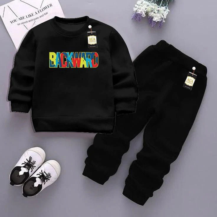 Black and Black (Backward) Printed Kids Tracksuit for Winter