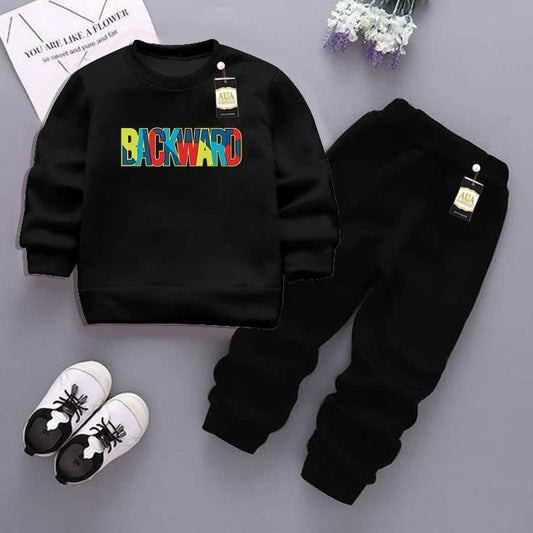 Black and Black (Backward) Printed Kids Tracksuit for Winter