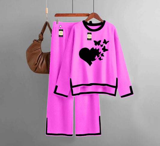Flying Butterfly Heart Turkish Winter Co-Ord Set for Women - Warm & Stylish Loungewear Hot Pink