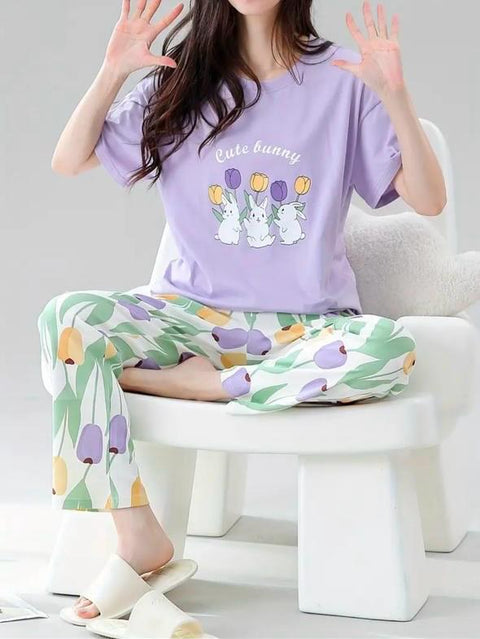 Lilac Bunny Printed PJ Set For Her