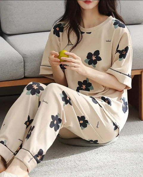 Brown All Over Black BIG Flowers Printed PJ Set For Her