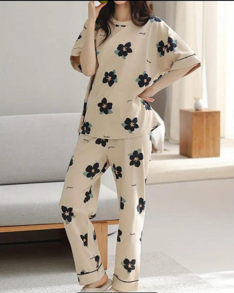Brown All Over Black BIG Flowers Printed PJ Set For Her