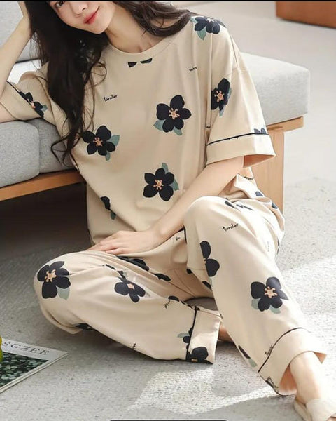Brown All Over Black BIG Flowers Printed PJ Set For Her