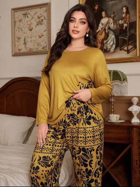 Mustard Yellow with Black Floral with Black Floral Pajama Printed PJ Set For Her