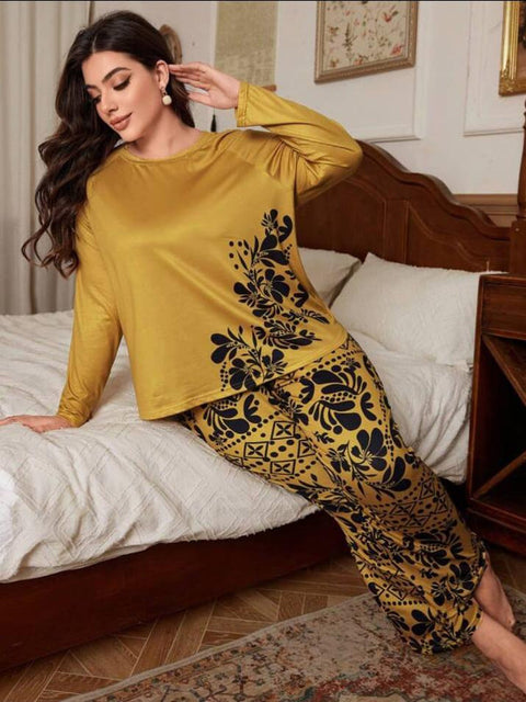 Mustard Yellow with Black Floral with Black Floral Pajama Printed PJ Set For Her