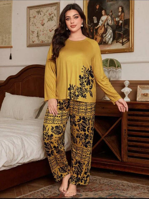 Mustard Yellow with Black Floral with Black Floral Pajama Printed PJ Set For Her